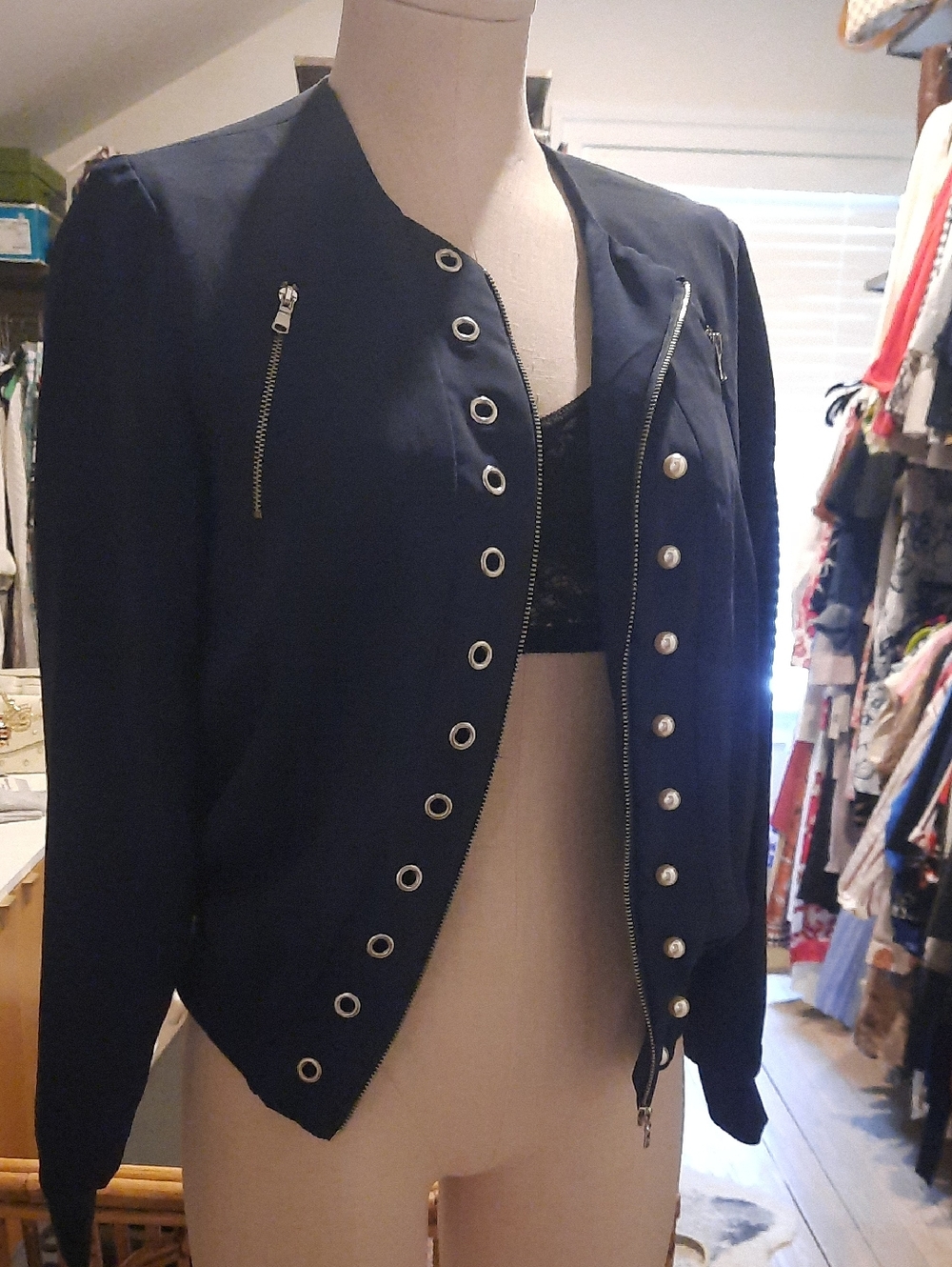 Lea & Viola Navy Bomber Jacket with Pearl And Grommet Detail